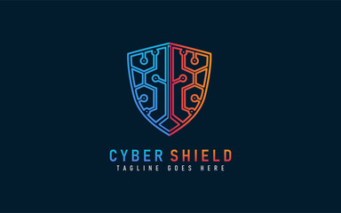 Cyber Shield Logo Design. Abstract Blue and Orange Shield Combination with Tech Style. Usable For Business, Community, Industrial, Security, Tech, Services Company. Vector Logo Design Illustration.