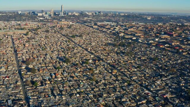 Aerial panning view of the densely populated Alexandra township, Gauteng Province, South Africa