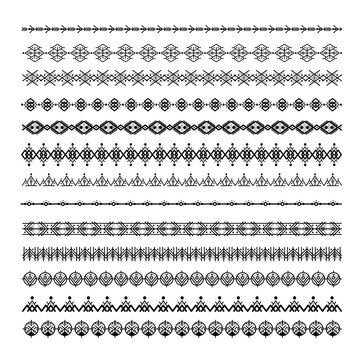 Black ethnic line ornaments. Tribal geometric design, aztec style, native americans texile. Vector elements for brushes, textures, patterns.