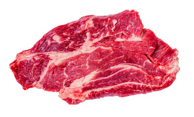 Fresh meat, raw marbled beef steak on a white background, top view.