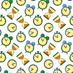 Clock in cartoon style. Seamless vector pattern. 