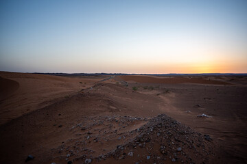 Merzouga, Erg Chebbi, Morroco, Africa - April 30, 2019: Sunset in the desert