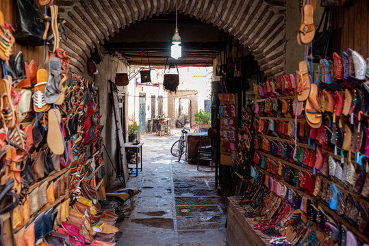 Marrakesh, Morroco, Africa - April 30, 2019: Market in the souks of Marrakesh medina