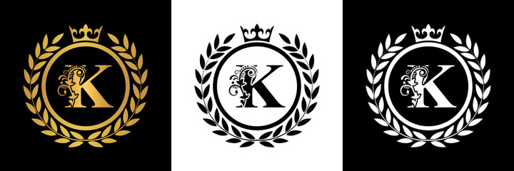  Letter K laurel wreath template logo Luxury gold letter with crown. Monogram alphabet . Beautiful royal initials letter.	