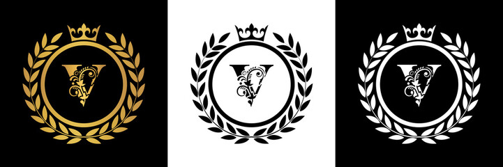  Letter V laurel wreath template logo Luxury gold letter with crown. Monogram alphabet . Beautiful royal initials letter.	