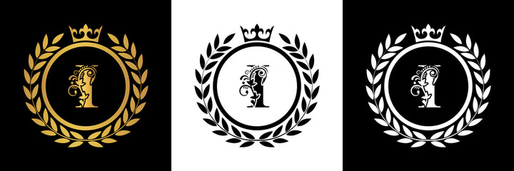  Letter I laurel wreath template logo Luxury gold letter with crown. Monogram alphabet . Beautiful royal initials letter.	