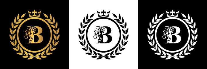  Letter B laurel wreath template logo Luxury gold letter with crown. Monogram alphabet . Beautiful royal initials letter.	