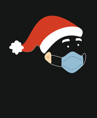 Santa red hat and blue surgical mask vector icon for Christmas and New Year. Santa head isolated on black background. Winter holidays decoration. Line art. White and red color.