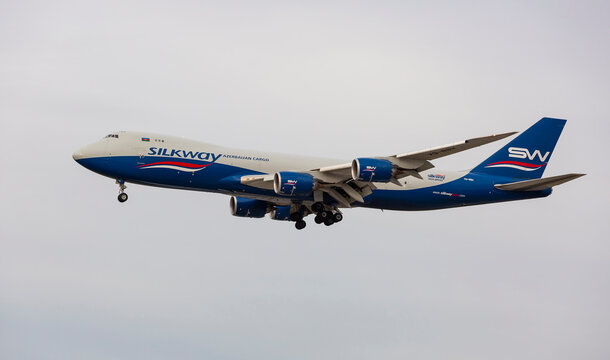 Chicago, USA - November 29, 2020: Silkway Cargo Boeing 747-800 On Final Approach To O'Hare International Airport. Silk Way Airlines Is An Azerbaijani State-run Cargo Airline.