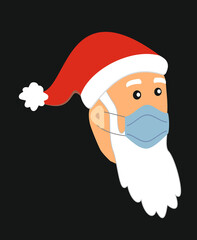 Santa red hat and blue surgical mask vector icon for Christmas and New Year. Santa head isolated on black background. Winter holidays decoration. Line art. White and red color.