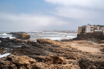Fototapeta na wymiar Essaouira, Morroco, Africa - April 29, 2019: View to the rocks and sea