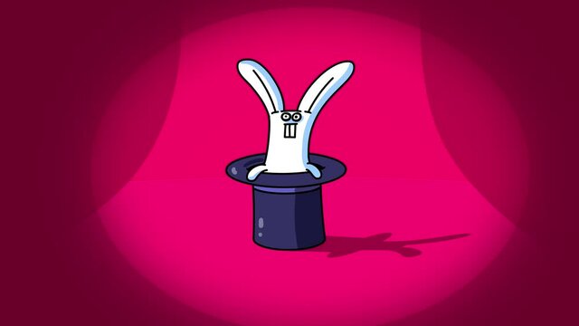 Rabbit in top hat. Cartoon animated magic character on the scene.