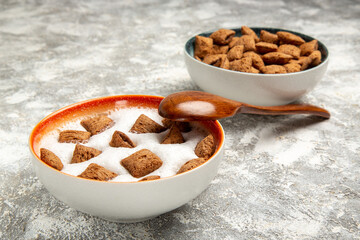 front view pillow cookies with milk for breakfast on a white background milk sweet biscuit kid