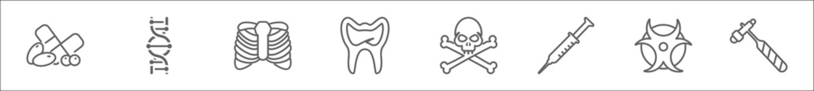 https stock adobe com ee images outline set of medical line icons linear vector icons such as drug pills medical chain of dna sternum molar tooth skull and bone syringe with medicine biological warning medical hammer tool 399395510 start checkout 1 content id 399395510
