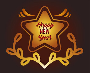 happy new year lettering card with golden star and wreath
