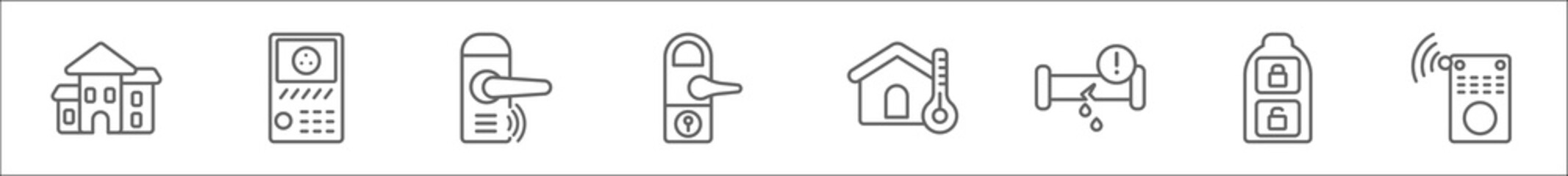Obraz premium outline set of smart house line icons. linear vector icons such as cool, intercom, handle, locking, freeze, leak, smart key, remote
