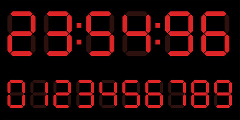 red digital clock number set. Electronic Counter, calculator number. Vector illustration. - obrazy, fototapety, plakaty