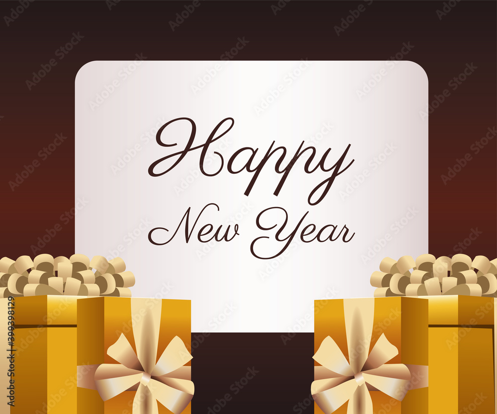 Wall mural happy new year lettering card with golden gifts