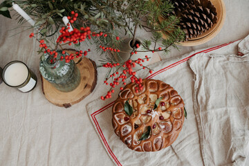 Christmas pie on decorated table