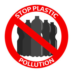 Prohibition or ban sign with disposable gray plastic bottles. Plastic Free concept, stop using plastic vector illustration	