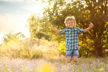 Cute little boy having fun outdoors, space for text. Child spending time in nature