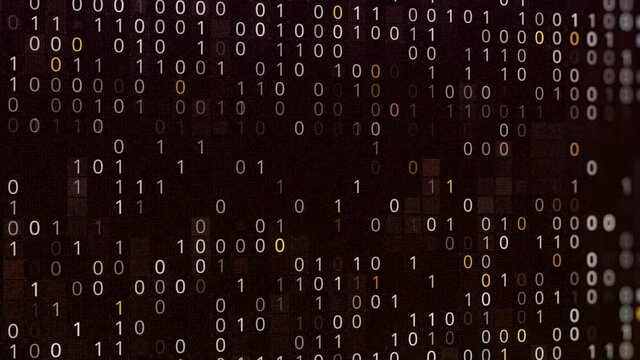 Abstract white and yellow binary code on black background, seamless loop. Animation. Futuristic cyberspace, concept of mining cryptocurrency and bitcoin btc. 