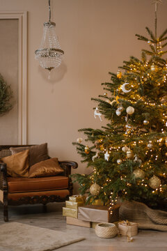 Christmas tree and presents near sofa
