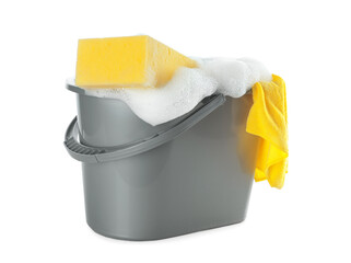 Plastic bucket with foam and sponge on white background. Cleaning supplies © New Africa