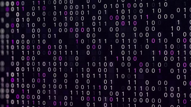 Abstract digital background of programming binary code, seamless loop. Animation. Colorful zero and one digits in wave motion on a monitor.