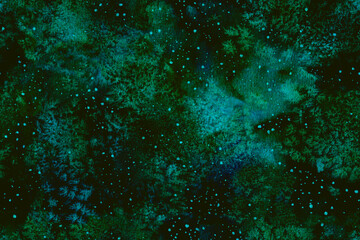 Seamless pattern with dark green night sky. Watercolor background. Hand painting. Perfect for postcard, fabric print, decoration, etc.