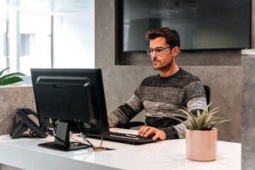Busy employee receptionist at work space