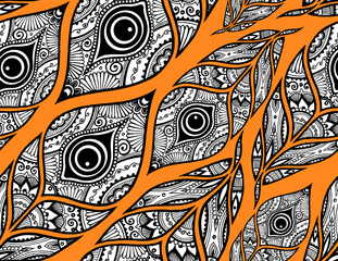 Vector seamless pattern with stylized peacock feathers. Ethnic black and wight color doodle texture. Tracery 