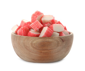 Cut crab sticks in wooden bowl on white background