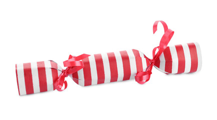 Bright striped Christmas cracker isolated on white