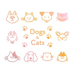 複数の犬と猫の顔のグラデーションのイラスト