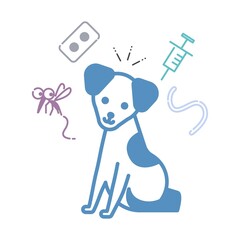蚊とお薬と注射器に囲まれている犬のイメージ