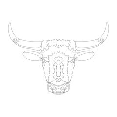 Bull head doodle with black nose on white background.Vector illustration. Sketch for tattoo or coloring book. Animal collection. Outline drawing. Yak