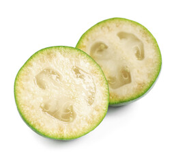 Halves of feijoa fruit on white background