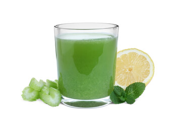 Fresh celery juice, mint and lemon on white background