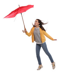 Emotional woman with umbrella caught in gust of wind on white background