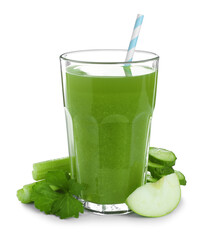 Glass of celery juice and fresh ingredients on white background