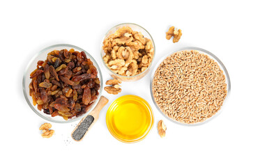 Ingredients for traditional kutia on white background, top view