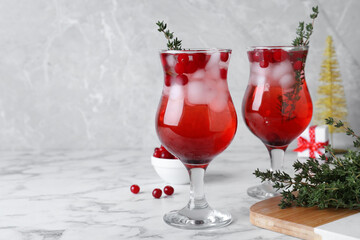 Delicious Christmas liqueur on white marble table