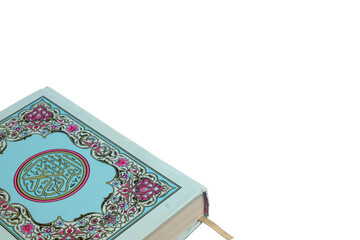 Islamic concept - The Holy Al Quran with written Arabic calligraphy meaning of Al Quran, Arabic word translation : The Holy Al Quran (holy book of Muslim), on white background.