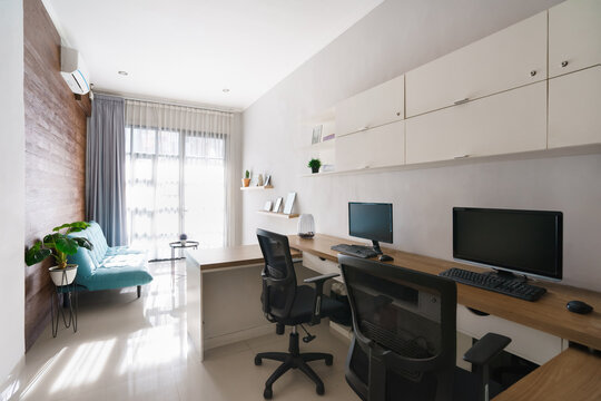 Portrait clean comfortable and tidy modern office space in the morning