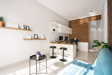 Portrait clean comfortable and tidy modern office space in the morning