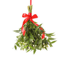 Mistletoe bunch with red bow isolated on white. Traditional Christmas decor