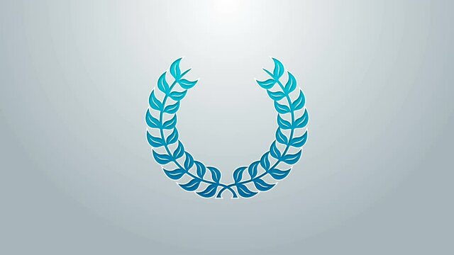 Blue line Laurel wreath icon isolated on grey background. Triumph symbol. 4K Video motion graphic animation