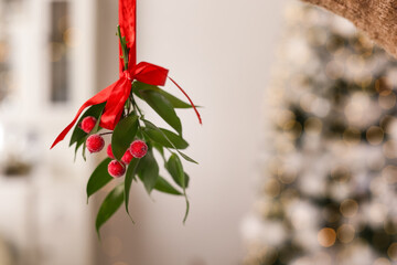 Mistletoe bunch with red bow hanging indoors, space for text. Traditional Christmas decor