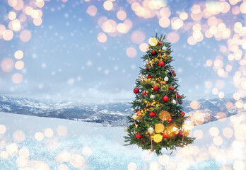 Beautiful decorated Christmas tree outdoors, space for text. Bokeh effect